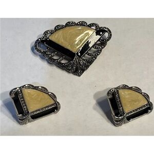 Vintage Avon Black & Tan Enamel Style Faux Marcasite Fan Shaped Brooch & Earring